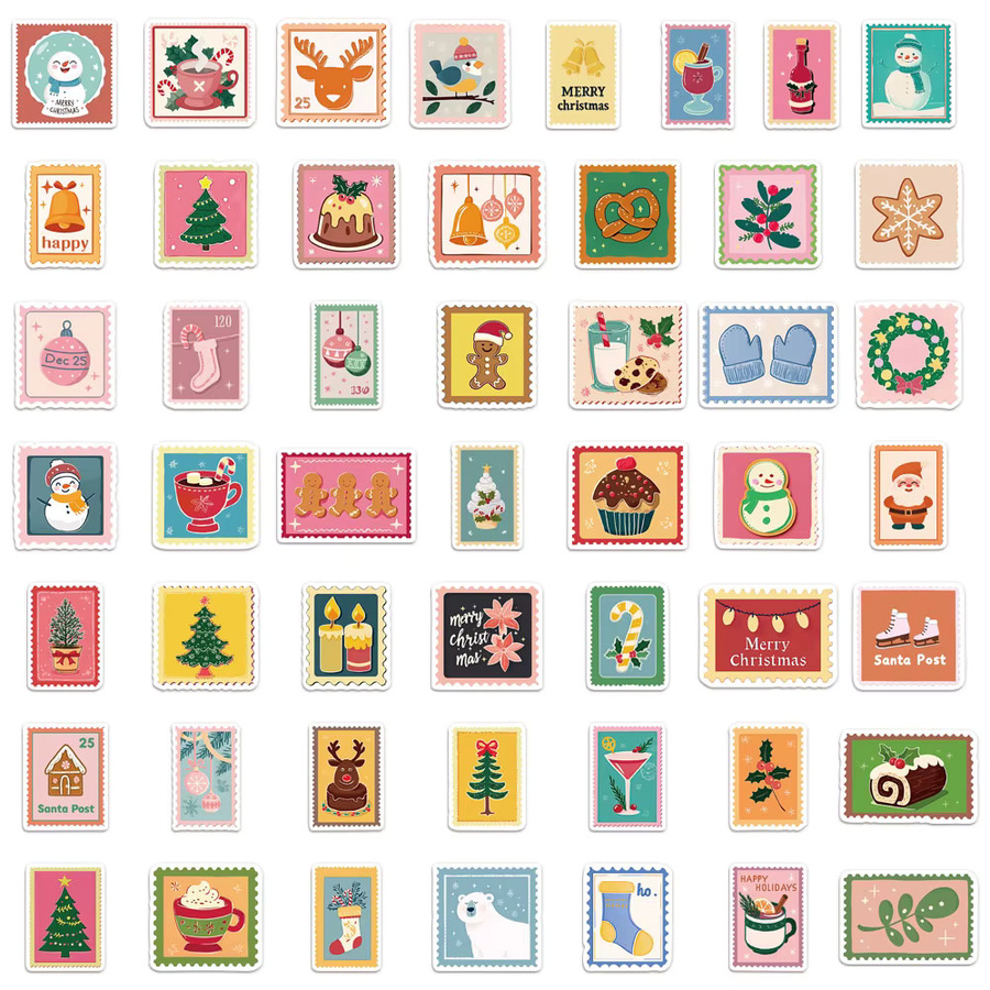 50 Stück Weihnachts Briefmarken Aufkleber mit Cartoon Motiven in Multicolour für DIY Dekoration von Brieftaschen, Sammelalben, Telefonhüllen, Laptops und Tablets - Bild 2