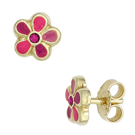 Colkid Kinder Ohrstecker Blume, 333 Gelbgold, rosa pink - Bild 1