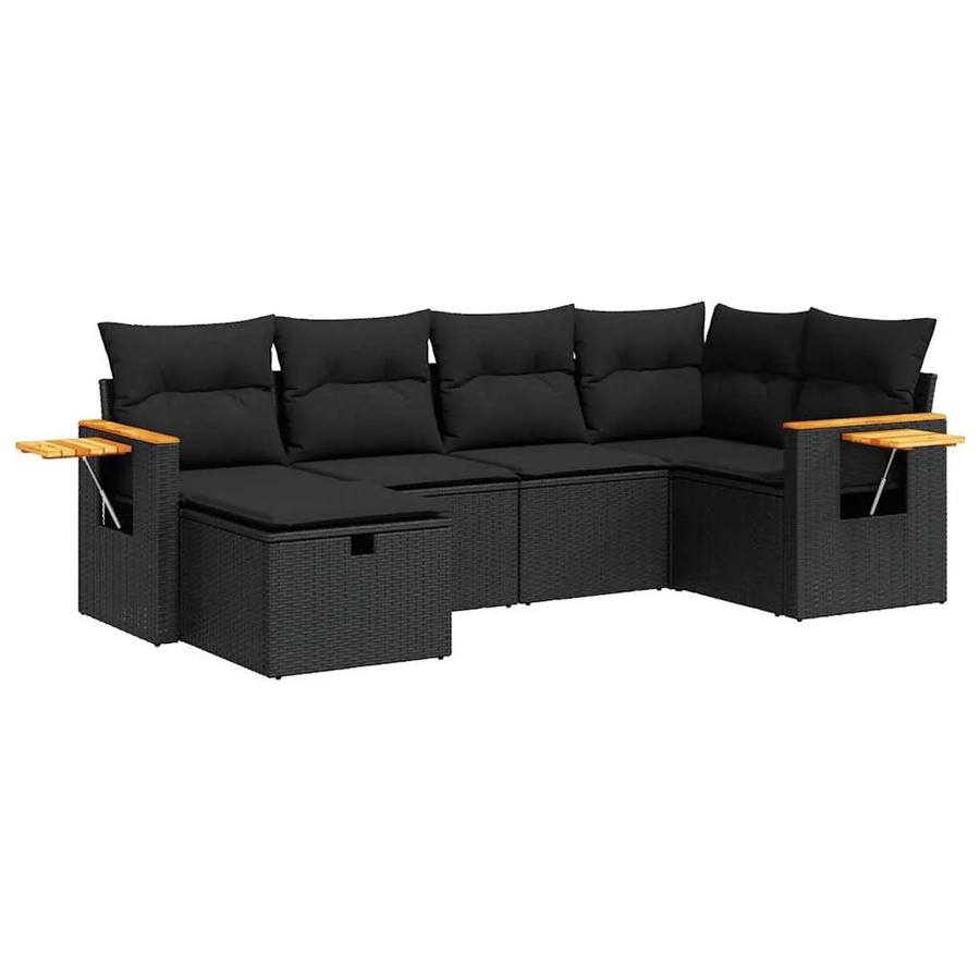 vidaXL 6-teilige Garten-Sofagarnitur in L-Form aus schwarzem Poly-Rattan mit Kissen und pulverbeschichtetem Stahlrahmen - Bild 2