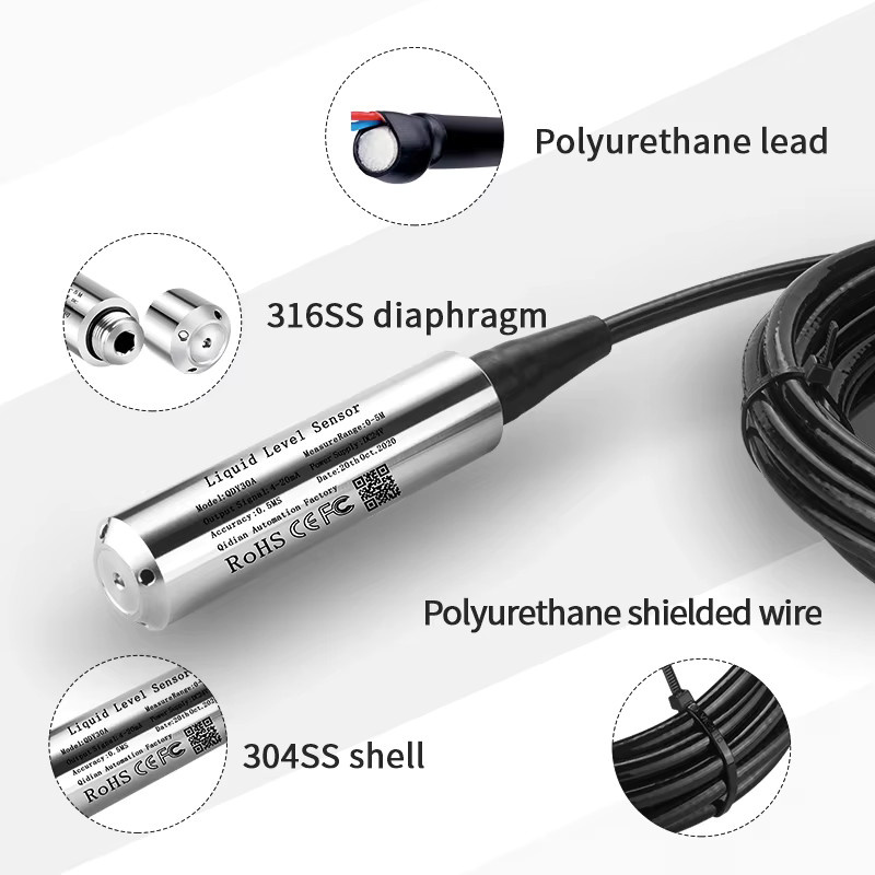 Hydrostatischer Flüssigkeitsstand-Transmitter und Wasserdruck-Niveausensor mit 4-20mA, 0-10V oder 0-3.3V Ausgang und RS485 Schnittstelle in Silber, 3m bis 20m Länge - Bild 4