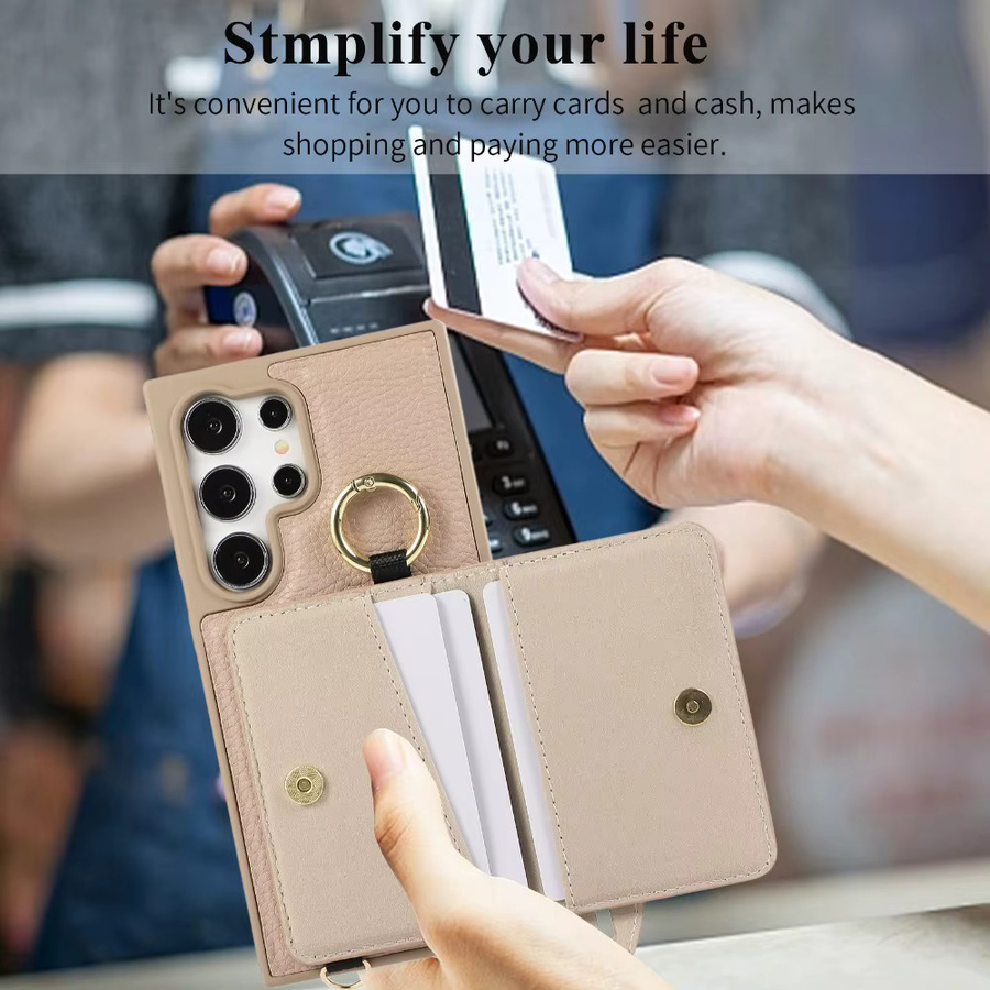 Samsung Umhängetasche mit Kartenhalter und Handyhülle aus Leder in Beige für Galaxy S25 Ultra, S24 FE, S23 und S22 Plus mit Lanyard und Handschlaufe - Bild 2
