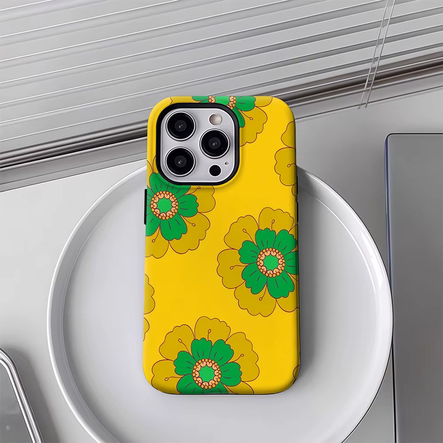 Handyhülle mit gelb-grünem Blumenmuster für Apple iPhone 17 16 15 14 13 12 11 Pro Max Plus mit doppelschichtiger Rückseite - Bild 4