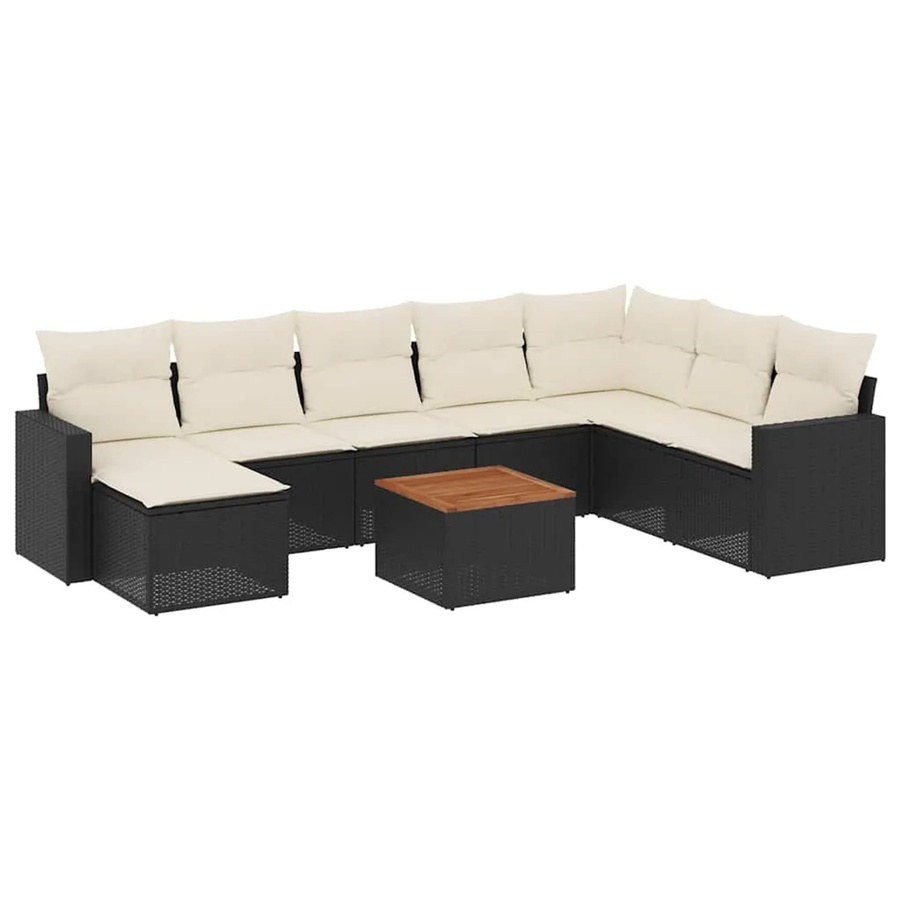 vidaXL 9-teilige Garten-Sofagarnitur in L-Form aus Poly-Rattan und Akazienholz mit Kissen in Schwarz-Creme - Bild 2