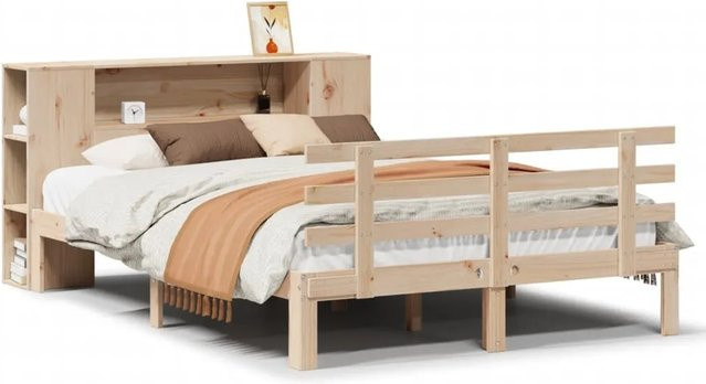 vidaXL Massivholzbett aus Kiefer mit Kopfteil und Regal in Braun, B/T/H: 135 x 190 cm - Bild 1