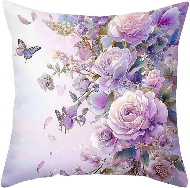 Dekorativer Kissenbezug von JMG Clothing mit Lavendelrosen und Schmetterlingen in Lila, Material: Polyester, B/T/H: 50 x 50 x 0 cm - Bild 1