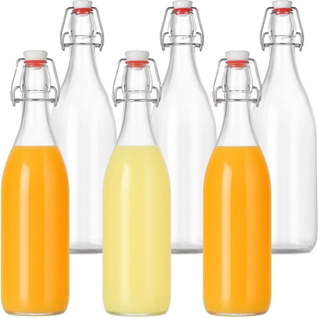Relaxdays 6er Set Glasflaschen mit Bügelverschluss, transparent, 1000 ml pro Flasche - Bild 1