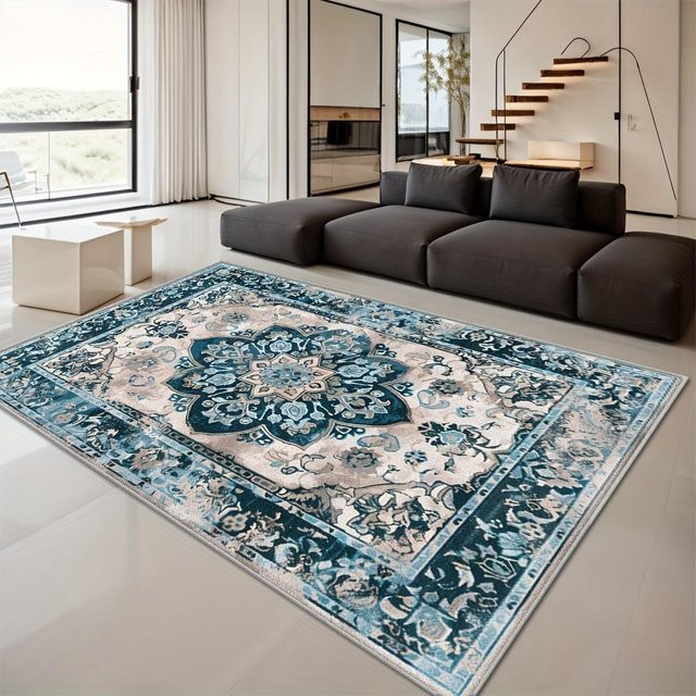 Blauer Perserteppich im amerikanischen Stil von Lodestar, floral und rutschfest, B/T: 160 x 120 cm - Bild 1