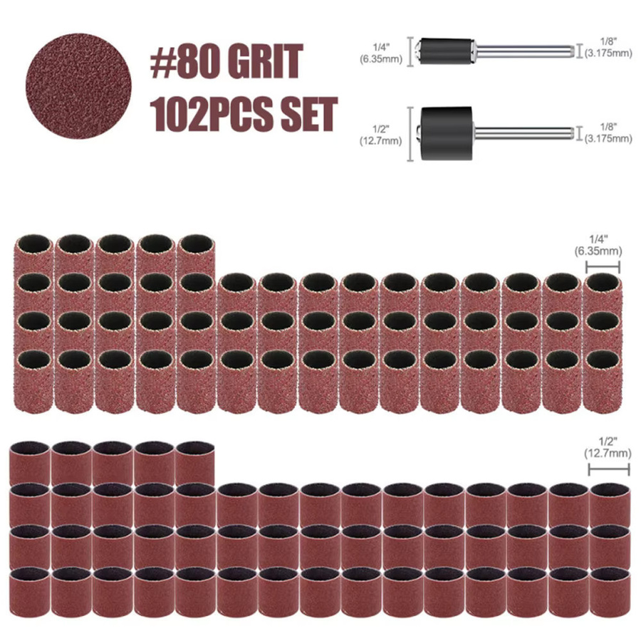 XCAN Schleiftrommel-Set mit 102 Stück, Schleifband Körnung 80, 1/2 und 1/4 Zoll, Sanddorne für Dremel-Nagelbohrer und rotierende Schleifwerkzeuge - Bild 2