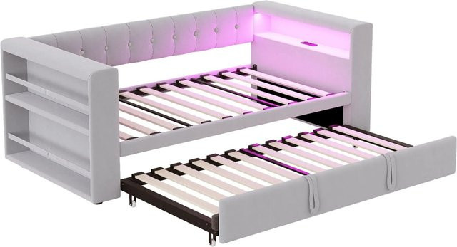 Merax Schlafsofa mit LED-Beleuchtung und USB-Ladefunktion in Hellgrau mit Stauraum und Auszugsschublade - Bild 1