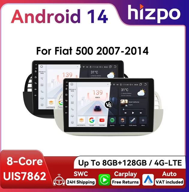 Hizpo 2Din Android Autoradio für FIAT 500 (2007–2014) mit 9 Zoll Display, CarPlay, 4G, Bluetooth, GPS und Navigation in Schwarz - Bild 1