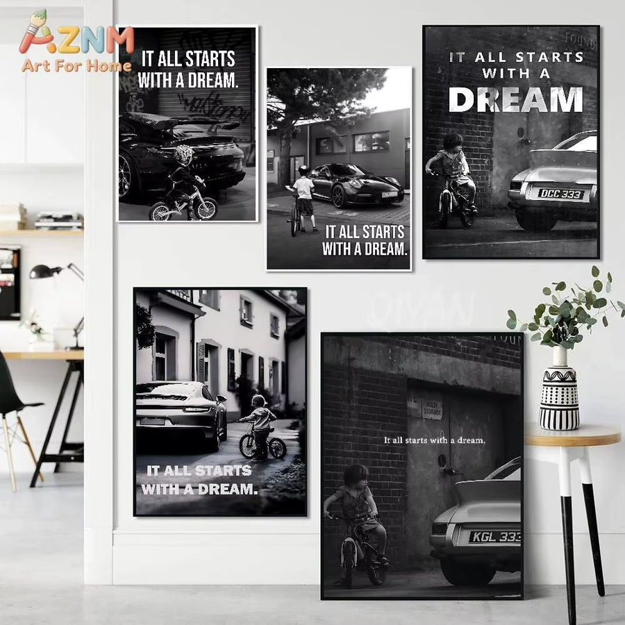 AZNM It All Starts With A Dream Porsche Leinwand-Wandkunst, Schwarz-Weiß, Ungerahmt - Bild 3