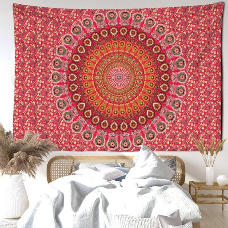 Binchi Outdoor Equipment Wandbehang Mandala Bloem in Rot, Abstraktes Boho Design mit Blumen und Engeln, Textil Wanddeko, Breite: 95 cm, Höhe: 70 cm - Bild 1