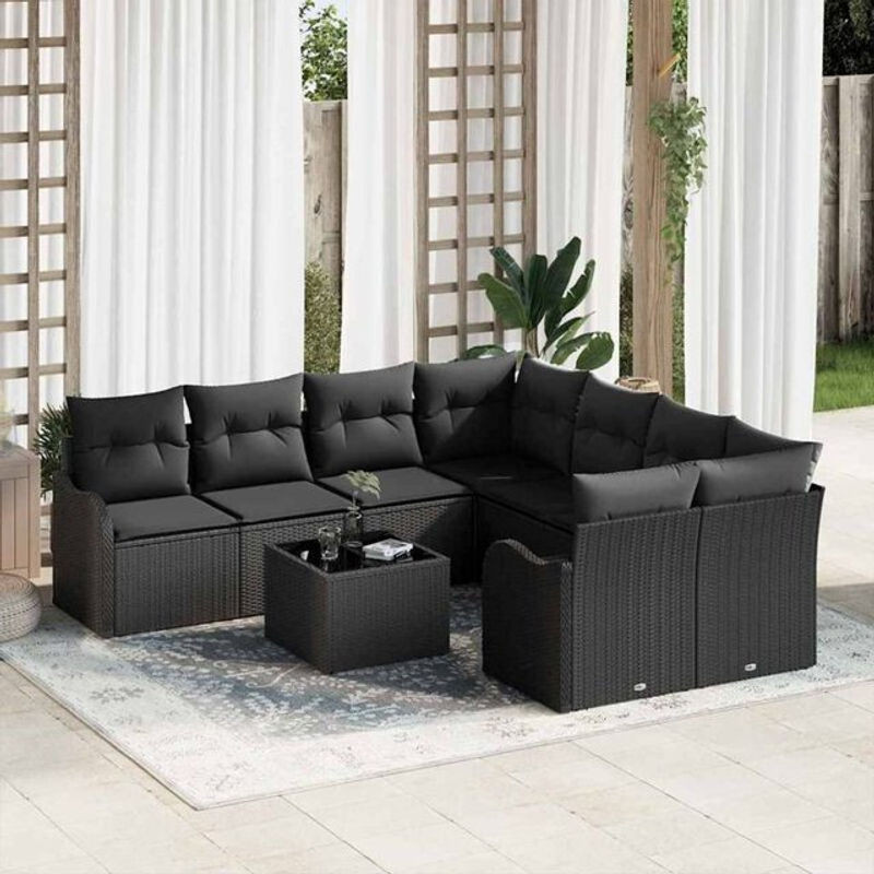 Vidaxl Garten-Sofa-Set aus Polyrattan in Schwarz, 9-teiliges Loungemöbel-Set mit Stahlgestell, B/T/H: 66 x 55 x 37 cm - Bild 1