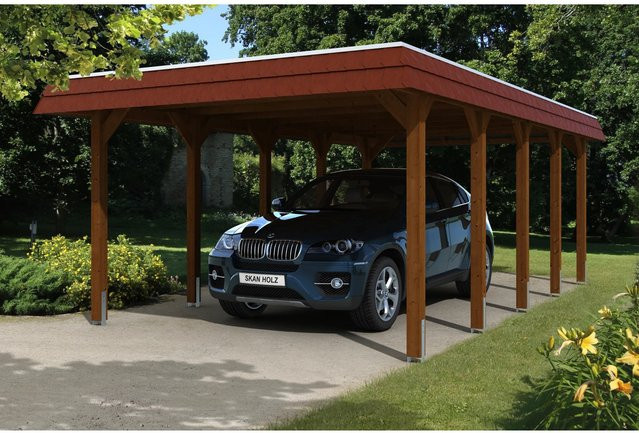 Skan Holz Carport Spreewald aus Nadelholz mit roter Blende in Nussbaum und Aluminium-Dachplatten, B: 741 cm, T: 396 cm - Bild 1
