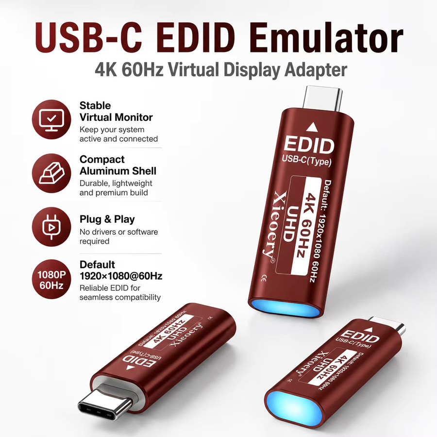 USB-C Dummy-Stecker EDID-Emulator Headless Ghost Display Adapter für virtuellen Monitor, Full HD 1080p60Hz, kompatibel mit 2K/4K, Schwarz - Bild 2