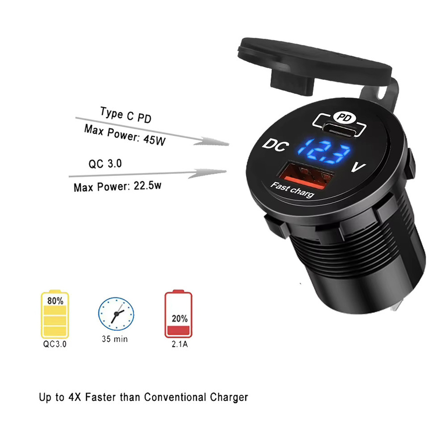 Kebidumei Dual-USB-Autoladegerät 68W 4,2A 12V mit wasserdichtem Panel in Schwarz für Fahrzeuge, Boote, LKWs und Motorräder - Bild 3