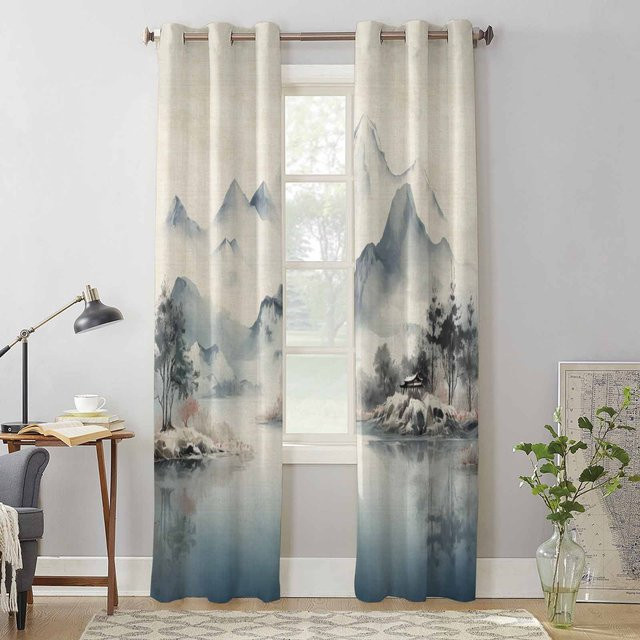 Binchi Aquarell Landschaftsbaum Fenstervorhang aus Polyester in Grau, B: 135 cm, H: 60 cm - Bild 1