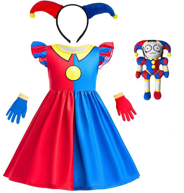 The Amazing Digital Circus Pomni Halloween Kostüm, Kleid, Handschuhe und Plüschtier, blau, ab 4 Jahren - Bild 1
