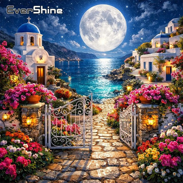 EverShine Diamond Painting Set Küstenlandschaft mit Blumen und Mond als DIY Mosaik-Stickerei in Multicolour, B/H: 20 x 20 cm - Bild 1