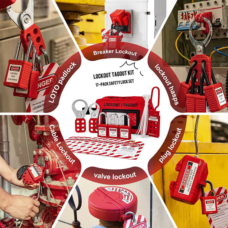 BOZZYS Elektrisches Lockout-Tagout-Schloss-Set in Rot mit Vorhängeschloss, Haspen, Leistungsschalter- und Stecker-Verriegelungsvorrichtung sowie Tagout-Etiketten - Bild 4