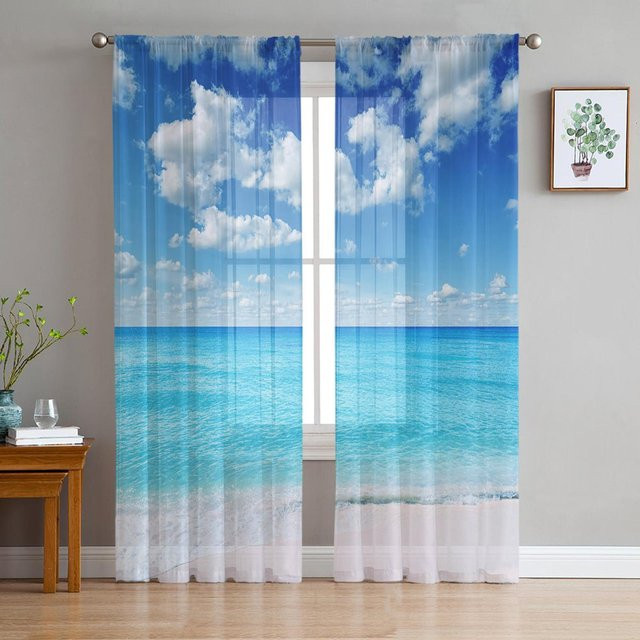 Dekorative Vorhänge mit Strand und Meer Motiv in Blau, halbtransparentes Organza-Voile für Wohnzimmer und Küche, Breite: 135 cm, Höhe: 160 cm - Bild 1
