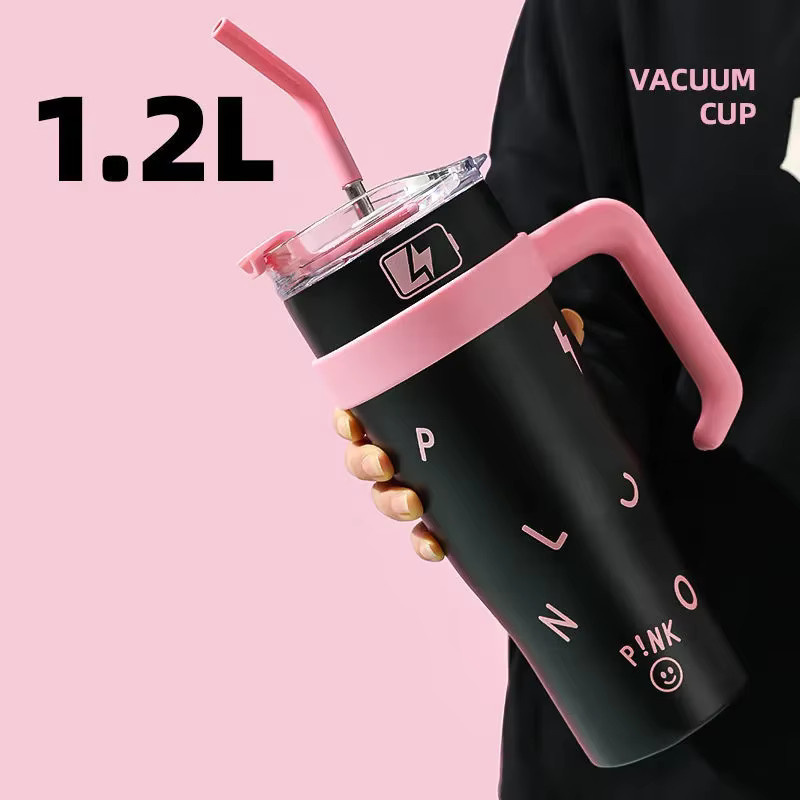 Lusqi Thermosflasche aus Edelstahl mit Griff und Strohhalm in Pink, 1200 ml - Bild 2