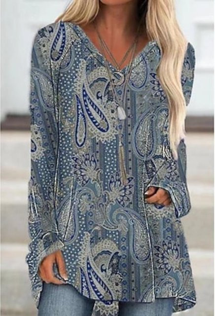 Tunika Damen, Geometrisch Patchwork, Langarm, V-Ausschnitt, Staubblau, L - Bild 1