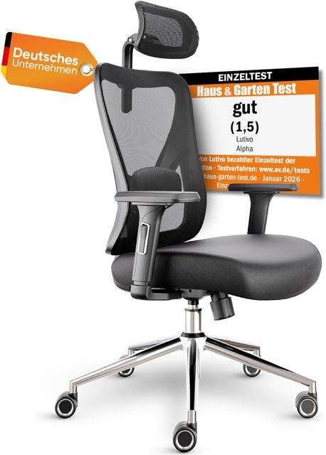 Ergonomischer Bürostuhl LUTIVO Alpha in Schwarz mit 3D-Kopfstütze, Armlehnen und Rollen - Bild 1