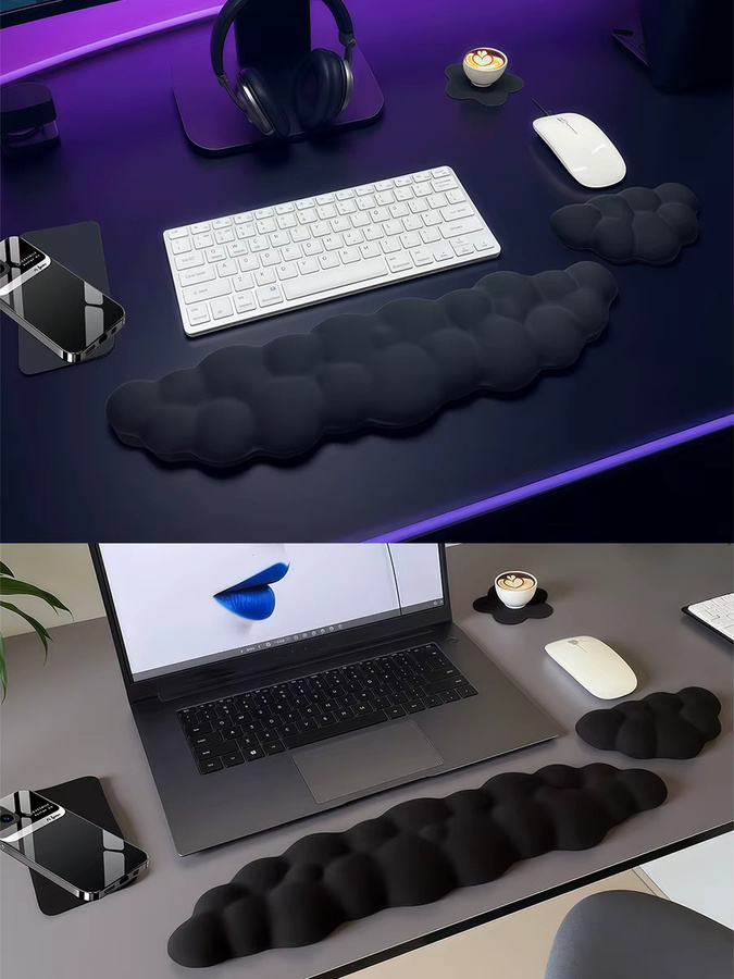 4-teiliges Cloud-Tastatur-Handgelenkauflagen-Set aus PU-Leder in Weiß mit rutschfester Basis und floraler Tassenmatte - Bild 4