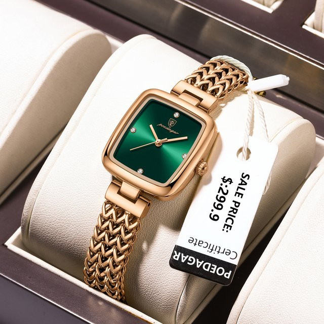 POEDAGAR Armbanduhr, Quarz, Edelstahl, Eckig, Grün, Damen - Bild 1