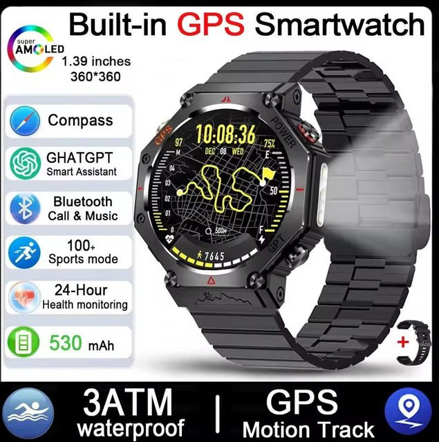 Lucky Start Outdoor-Sport-Smartwatch mit GPS, AMOLED-Display, Herzfrequenzüberwachung, LED-Taschenlampe und Bluetooth-Anruf, 3ATM Wasserdicht, Farbe: Steel/Silver/Black - Bild 1