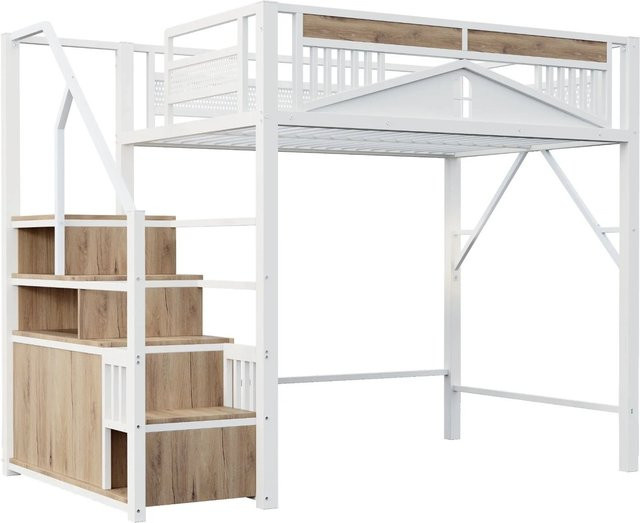 Merax Hochbett für Kinder in Weiß mit Treppe, Seitenfächern und Sicherheitsfenster, B/T/H: 255 x 140 x 170 cm - Bild 1