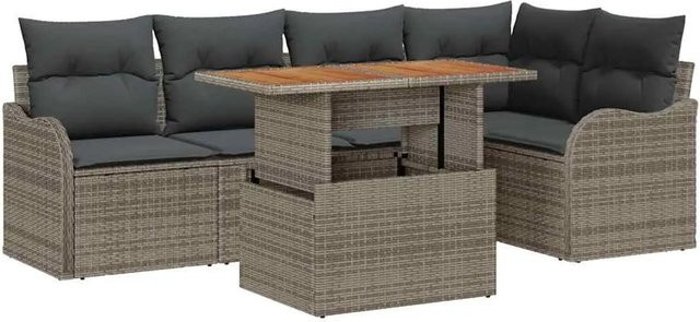 vidaXL Garten-Sofa-Set aus Poly Rattan in Grau, 6-teiliges L-Shape Set mit Eckplatz, Mittelsofas, Armsofas mit Stauraum und Gartentisch - Bild 1