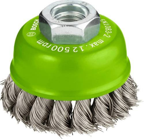 Bosch Topfbürste aus Edelstahl mit gezopftem Draht für Winkelschleifer, Durchmesser: 6,5 cm, Farbe: Silber/Grün - Bild 1