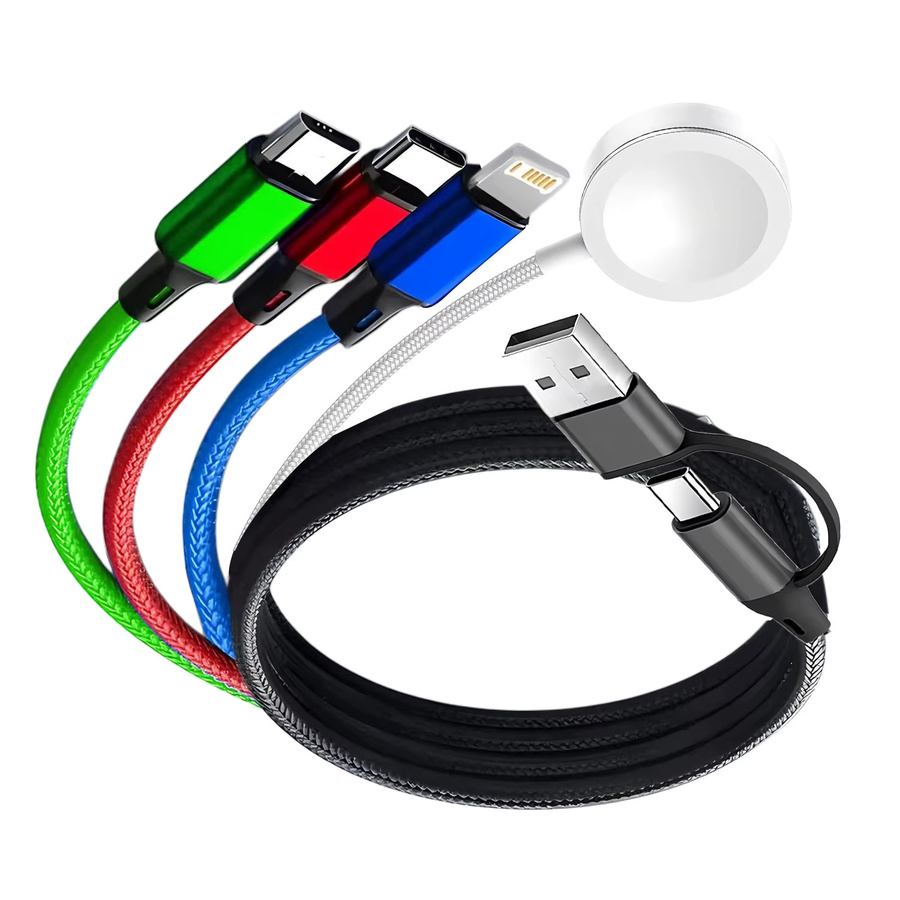 Amzvvn 4-in-1 Multi-Ladekabel für iPhone, Android und iWatch, Typ-C, Micro USB und Lightning, Schwarz/Mehrfarbig, Länge: 120 cm - Bild 1