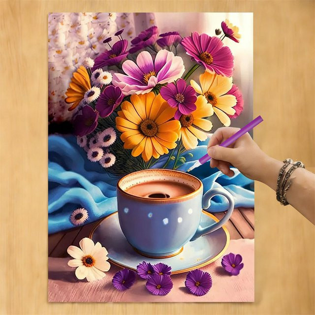 AZQSD Diamant-Stickerei 5D Gänseblümchen-Blumenbild mit Kaffeetasse, DIY Landschafts-Diamantmalerei in Multicolour, B/H: 20 x 30 cm - Bild 1