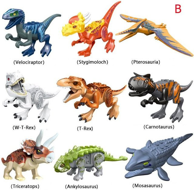 MagicMonkey Dinosaurier Tyrannosaurus Rex Wyvern Velociraptor Stegosaurus Modell Bausteine, 8-teiliges Set, bunt - Bild 1