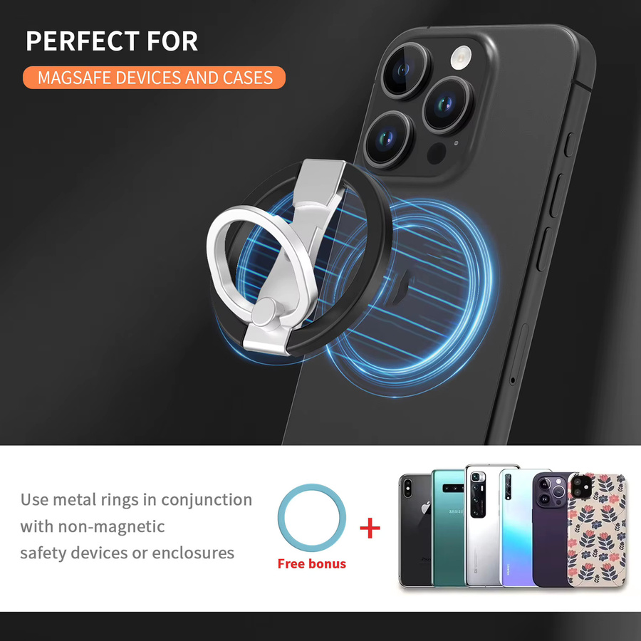 Magnetischer Metall-Telefonständer mit 360 Grad Drehung und Fingerringhalter für MagSafe, Desktop-Halterung in Schwarz und Silber - Bild 5