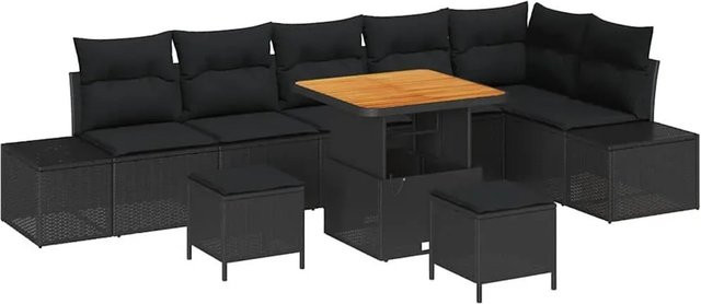 vidaXL Garten-Sofa-Set 9-tlg. in Schwarz aus Poly-Rattan mit Kissen und Tisch im L-Shape Design - Bild 1