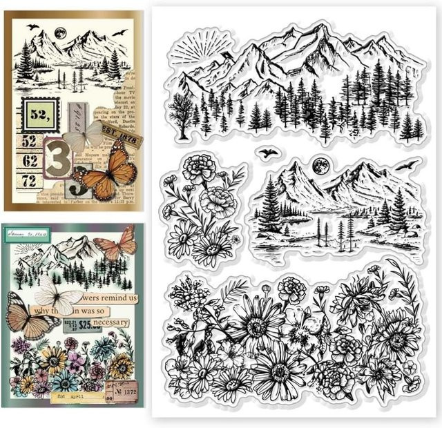 Transparente Silikonstempel Mountain Forest mit Gänseblümchen-Motiv für die Kartenherstellung - Bild 1