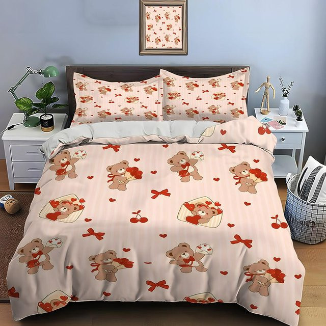 Flylo 3-teiliges Bettwäsche-Set mit Teddybären- und Herz-Print in Pink, bestehend aus 1 Bettbezug und 2 Kissenbezügen, B/H: 140 x 210 cm - Bild 1