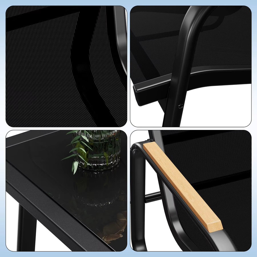HiMISS 4-teiliges Outdoor-Lounge-Set in Schwarz mit Doppelsofa, 2 Sesseln und Couchtisch aus Glas und pulverbeschichtetem Stahl mit Textilene-Bezug und Kissen - Bild 4