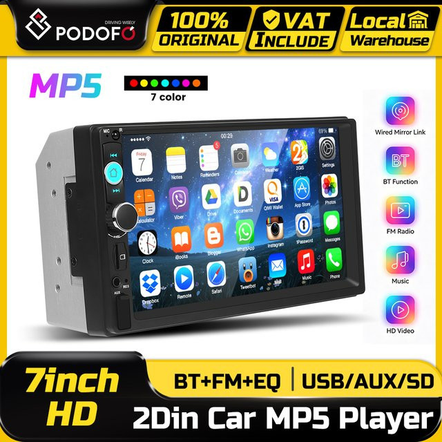 Podofo Multimedia-Autoradio mit 7 Zoll Touchscreen, Bluetooth, Mirror Link und FM-Radio in Schwarz - Bild 1