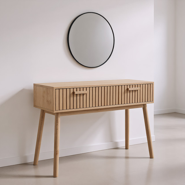 Comanlai Konsolentisch aus Holz mit 2 Aufbewahrungsschubladen, moderner schmaler Flurtisch in Braun für Wohnzimmer und Eingangsbereich - Bild 1