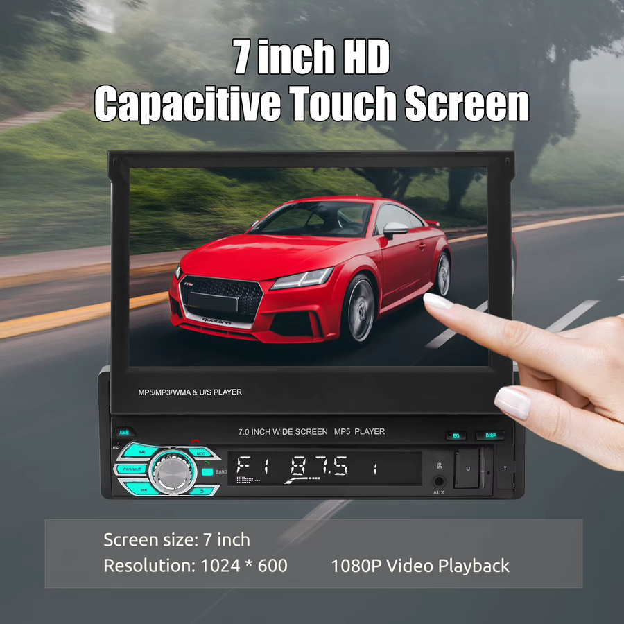 ESSGOO 7-Zoll Single DIN Autoradio mit ausklappbarem Touchscreen, Bluetooth Freisprecheinrichtung, USB, AUX-IN, TF und Mirror Link in Schwarz - Bild 3