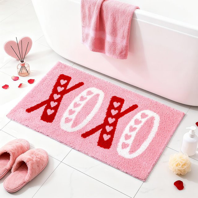 VIKAMA Badezimmerteppich mit Liebesherz und XOXO Motiv, rot, rosa, weiß, rutschfest und saugfähig, B/T: 60 x 40 cm - Bild 1