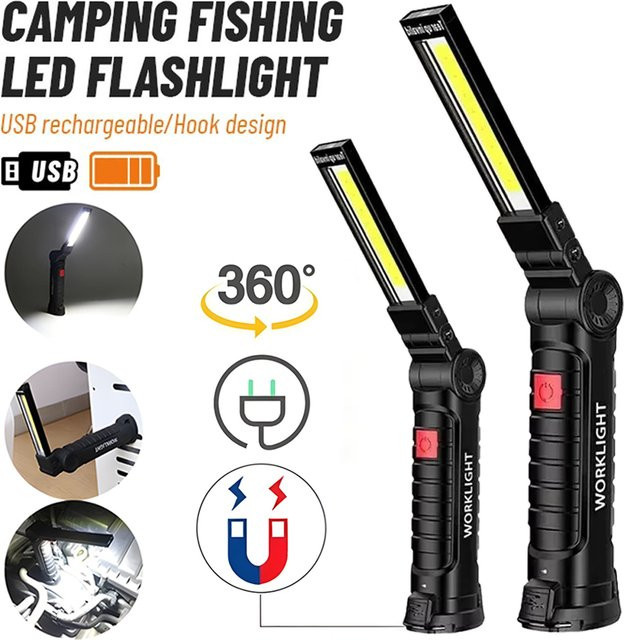 NEWBIRTH LED COB Taschenlampe USB wiederaufladbar mit Magnet und 360 Grad drehbarem Haken in Schwarz - Bild 1