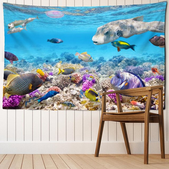 Wandteppich mit Tiefseefischen und Korallen in Blau, Boho Wandbehang mit Meerestieren für Wohnzimmer und Schlafzimmer, Breite: 95 cm, Höhe: 70 cm - Bild 1