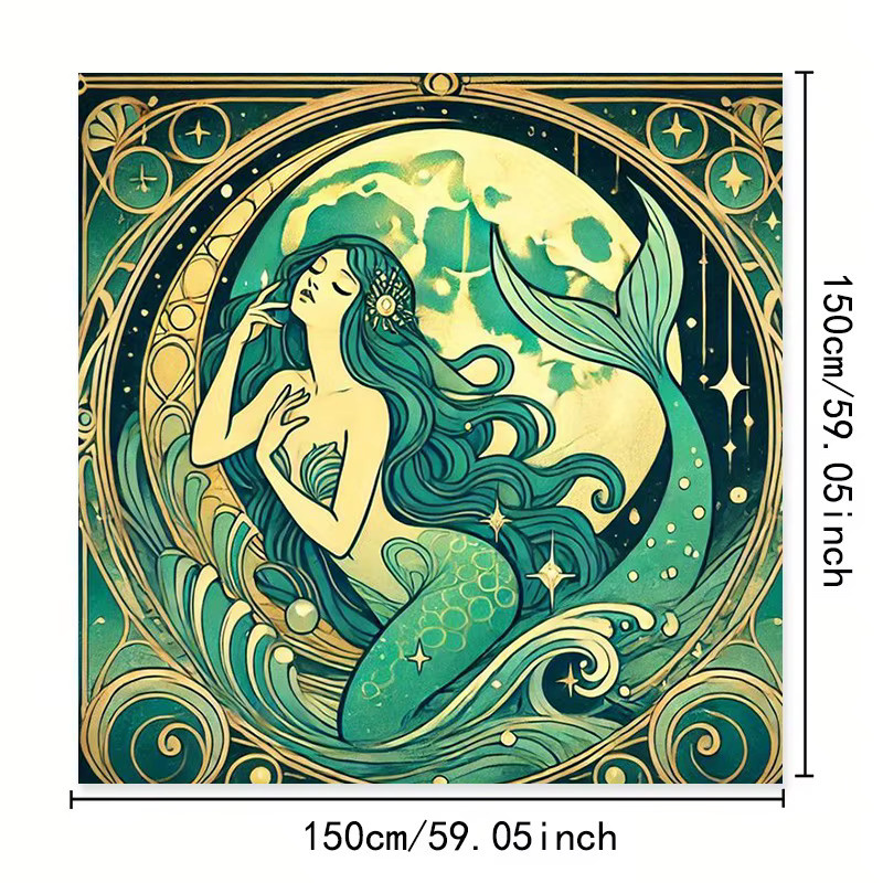 VIKAMA Tarot-Karten Altartuch im Jugendstil mit Mond-Meer-Meerjungfrau Motiv, Multicolour Meditationsmatte und Wahsagematte - Bild 3