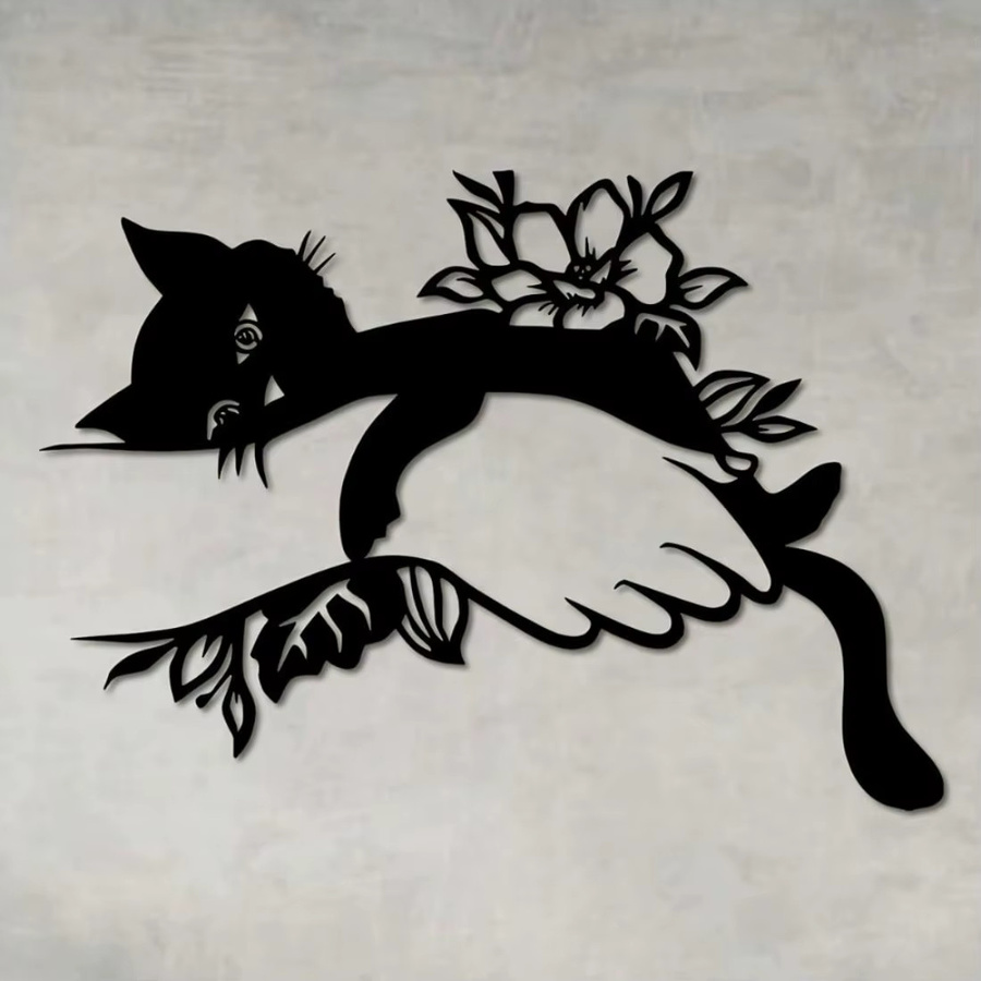 CIFBUY Art-Deco Wandkunst aus Metall mit Katze und Blumen in Schwarz für Innen und Außen - Bild 3
